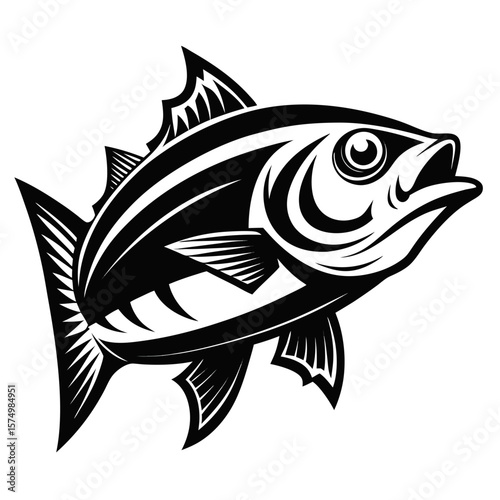 A stylized, black and white illustration of a fish,
