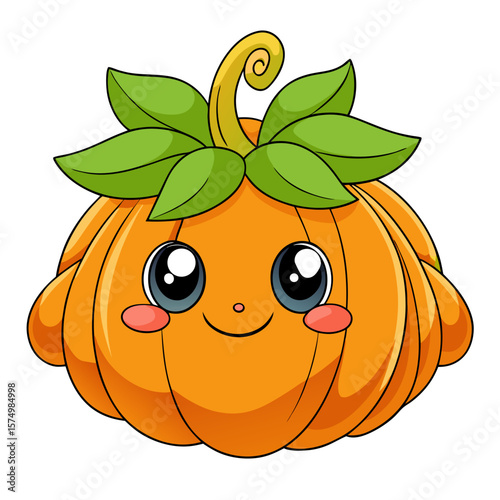 Fat squashy pumpkin with leafy wig, bashful cheeks, blinking glossy eyes, and puffy frame, on white background.
