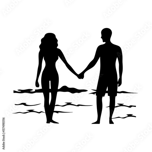 Romantic Silhouette of Couple Holding Hands on Beach at Sunset with Waves – Transparent PNG