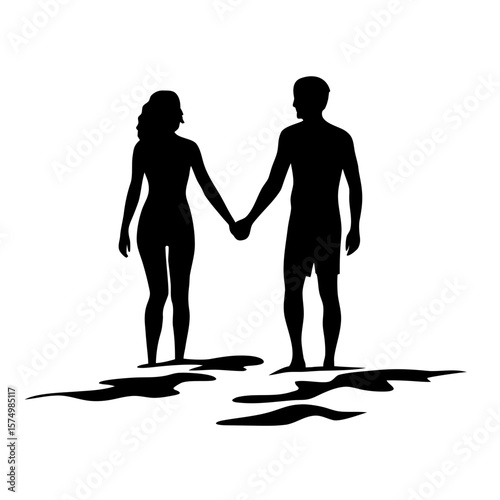 Romantic Silhouette of Couple Holding Hands on Beach at Sunset with Waves – Transparent PNG