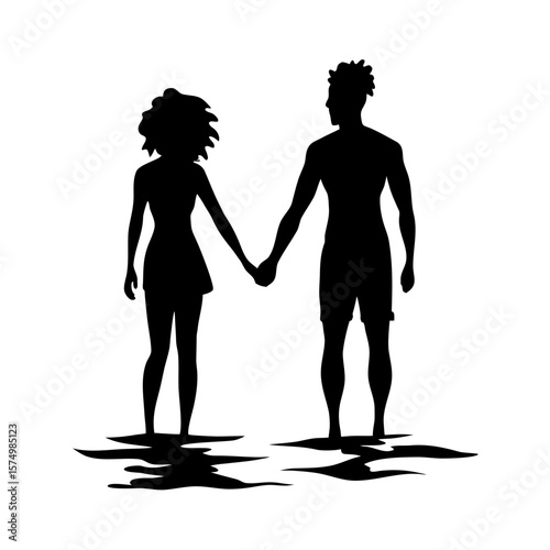 Romantic Silhouette of Couple Holding Hands on Beach at Sunset with Waves – Transparent PNG