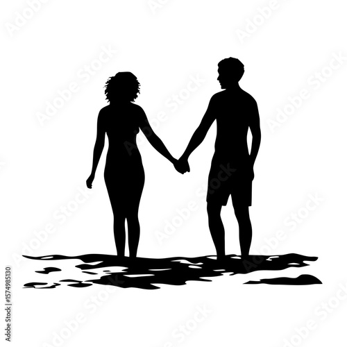 Romantic Silhouette of Couple Holding Hands on Beach at Sunset with Waves – Transparent PNG