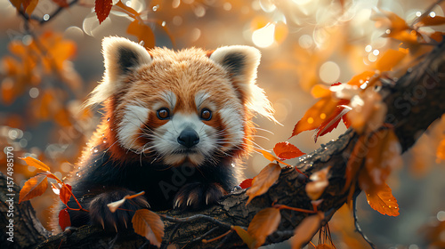 Wallpaper Mural Adorable red panda perched on tree branch surrounded by vibrant autumn leaves Torontodigital.ca