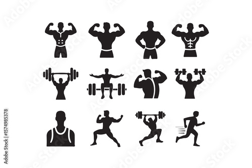 Collection of Black and White Fitness Icons.A set of black silhouette icons depicting various fitness activities.