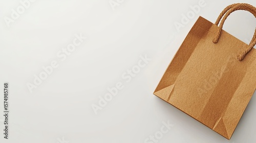 A brown paper shopping bag lies on a white surface.