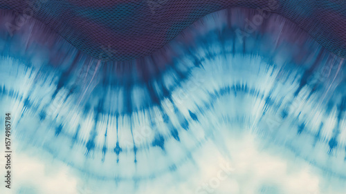 Abstract blue and white tie dye fabric with wavy texture and subtle stitching detail