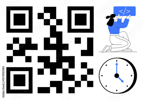 Black QR code, person writing code in blue panel, analog clock with arrows. Ideal for programming, digital workflows, automation, time management, efficiency, technology simple landing page