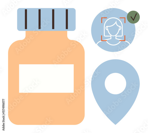 Orange prescription bottle, face ID icon with verification, and location pin. Ideal for personalized healthcare, medication tracking, pharmacy services, medical technology, identity security