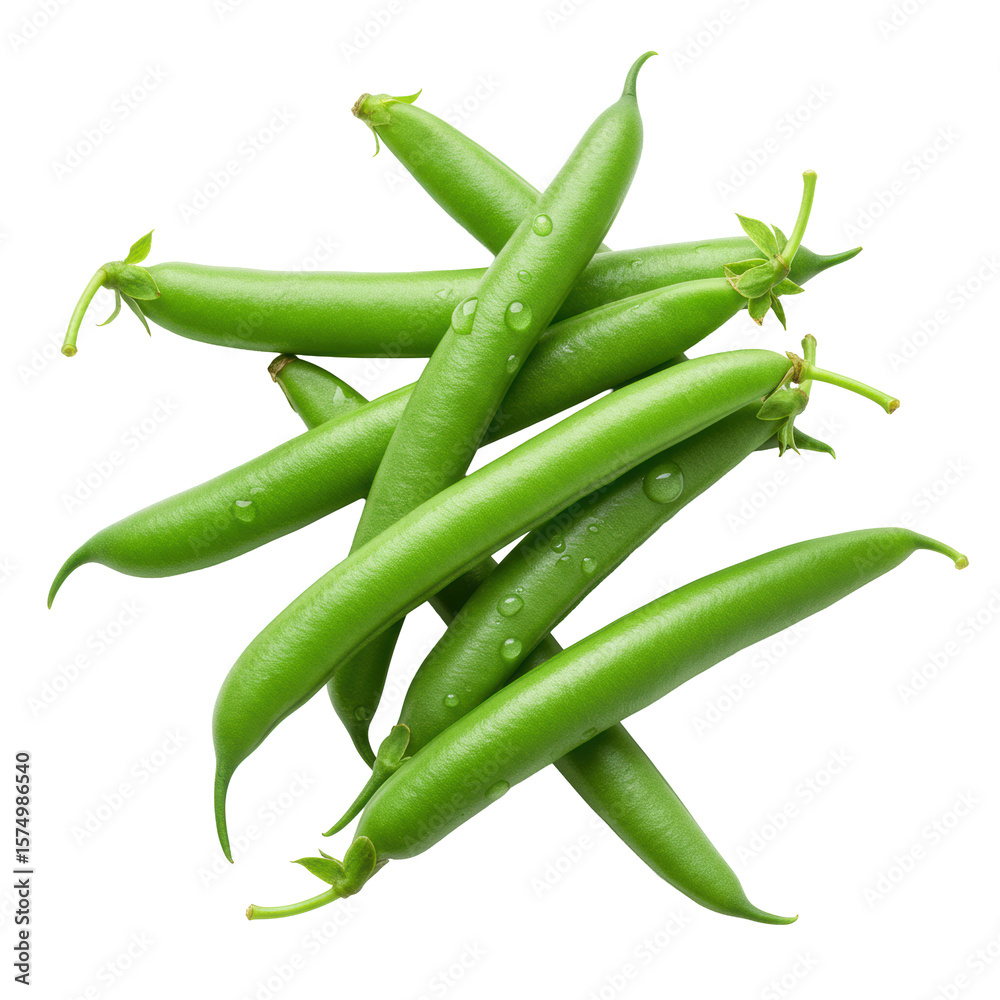 Several fresh, vibrant emerald green organic green beans with water droplets, arranged top-down on a clean white studio background with soft shadowless light, concept of healthy organic produce Several fresh, vibrant emerald green organic green beans with water droplets, arranged top-down on a clean white studio background with soft shadowless light, concept of healthy organic produce