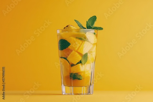Refreshing pineapple and mint drink in a glass.