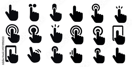 Set of various hand icons including tapping, swiping, clicking, and pressing motions.