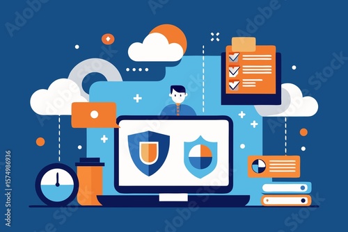 Cybersecurity and Data Protection Flat Design Illustration with Cloud and Checklist