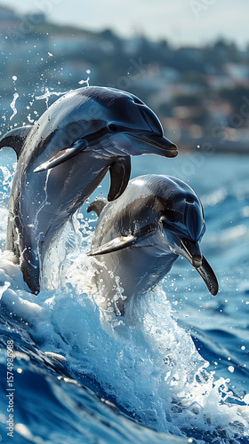 Wallpaper Mural Dolphins jumping out of blue ocean waves in natural aquatic environment Torontodigital.ca