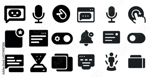Set of icons: chat, microphone, undo, window, touch, settings, notification, toggle, hourglass, user.