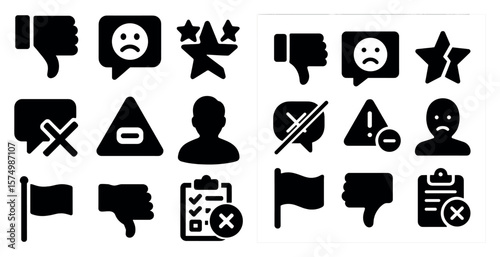 Set of icons: thumbs down, sad face, star, flag, triangle, clipboard, person silhouette.