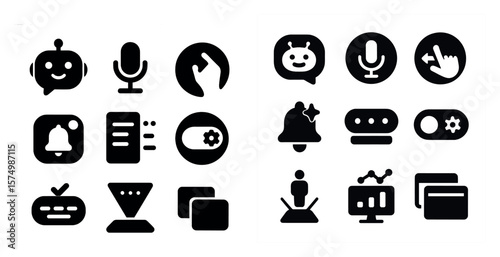 Set of robotic face, microphone, hand, bell, slider, robot, list, two squares, laptop.