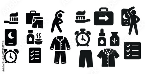 Set of morning routine icons: toothbrush, suitcase, exercise, moon, alarm clock, checklist, shirt, pants.