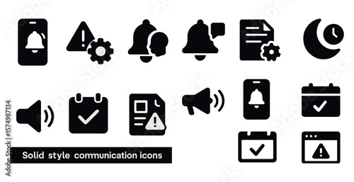 Set of icons: phone, alert, gear, bell, document, moon, speaker, calendar, checkmark.
