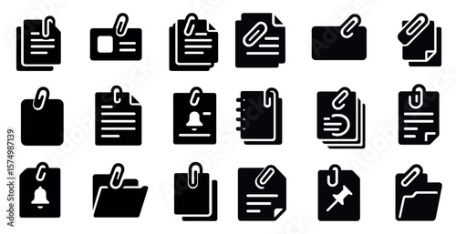 Set of icons: papers, clips, folders, notepad, bell, pin.