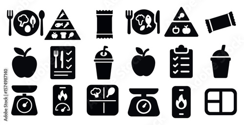 Set of icons showing food, scales, checklists, apples, nutrition pyramids, and drink containers.