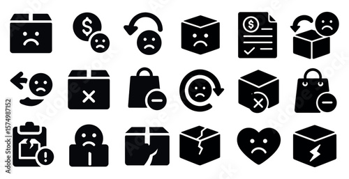 Set of icons featuring sad faces, broken boxes, arrows, bags, and dollar signs.