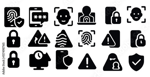 Set of icons including fingerprint, faces, locks, warning signs, clocks, and shields.
