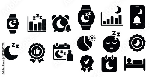 Set: smartwatch moon, graph, alarm, certificate, pie chart, bed, sleeping person, bell, medal.