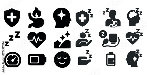 Set of health, flame, stars, shield, zz, heart, battery, speedometer, face, hand, phone, moon.