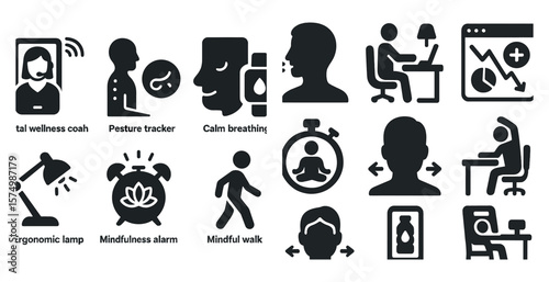 Set of wellness icons: video call, posture, breathing, meditation, graph, desk, lamp, walk, alarm.
