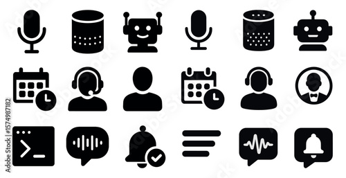 Set of voice, robot, microphone, calendar, headset, chat, notification, profile, terminal, sound, list icons.