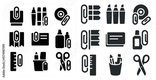 Set of office icons: paperclip, ruler, glue, scissors, markers, pens, CD, tape.