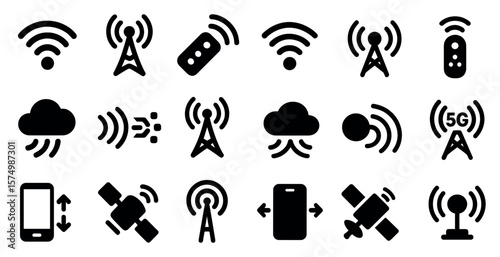 Set of wireless, remote, signal, cloud, antenna, 5G, phone, satellite icons.