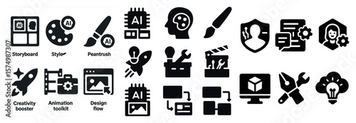 Set of icons: storyboard, paint palette, AI, pencil, shield, film, rocket, computer, tools, lightbulb.