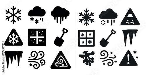 Set of winter weather icons: snowflakes, clouds, shovels, triangles, ice, wind, snow-covered warnings.