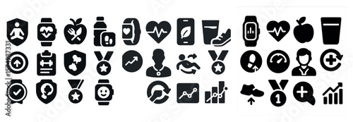 Set of fitness, health, heart, apple, sneakers, medal, runner, chart, smartwatch, water, person.