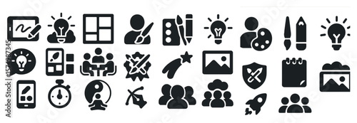 Set of icons: editing, idea, layout, collaboration, team, shield, stopwatch, rocket.