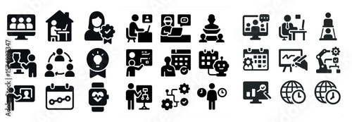 Set of icons: computer, house, person, desk, robot, presentation, barcode, calendar, graph, globe.