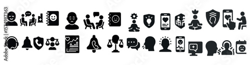 Set of icons including people, security, communication, and more with various designs.