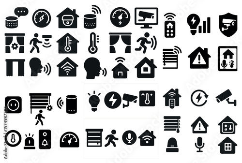 Set of black icons depicting home security, temperature, surveillance, wireless signals, and energy management.