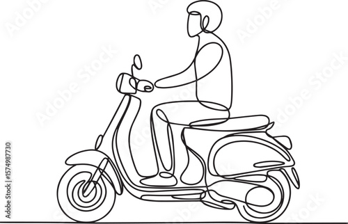 A man riding motor scooter in continuous one line drawing, minimalist retro scooter vector illustration


