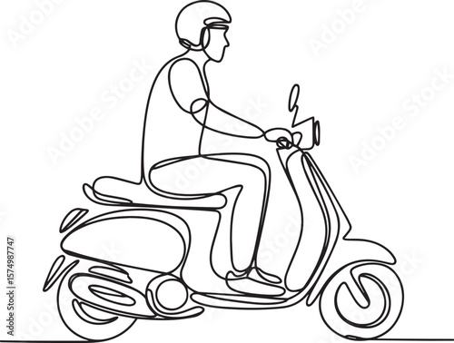 A man riding motor scooter in continuous one line drawing, minimalist retro scooter vector illustration

