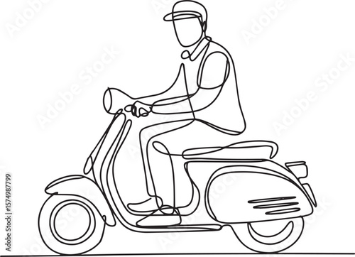 A man riding motor scooter in continuous one line drawing, minimalist retro scooter vector illustration

