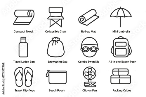 Essential travel gear icons: towels, chair, umbrella, backpack, flip-flops, fan