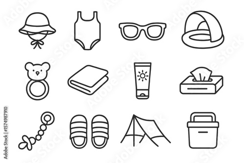Beach essentials outline icons set: swimsuit, tent, sunglasses, sunblock, slippers