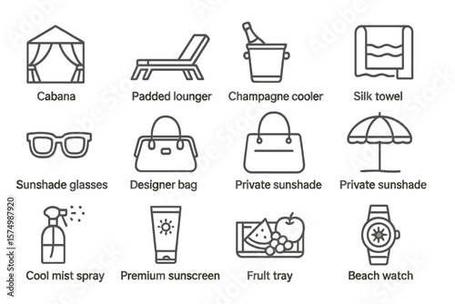 Luxury beach icon set featuring cabana and accessories for ultimate relaxation