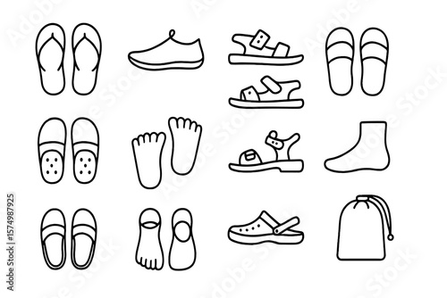 Outline of various footwear styles on gray background