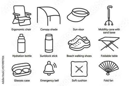 Summer essentials: canopy, sun visor, hydration bottle, beach shoes, foldable table