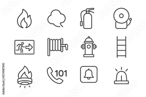 Emergency and fire safety icons on metallic background