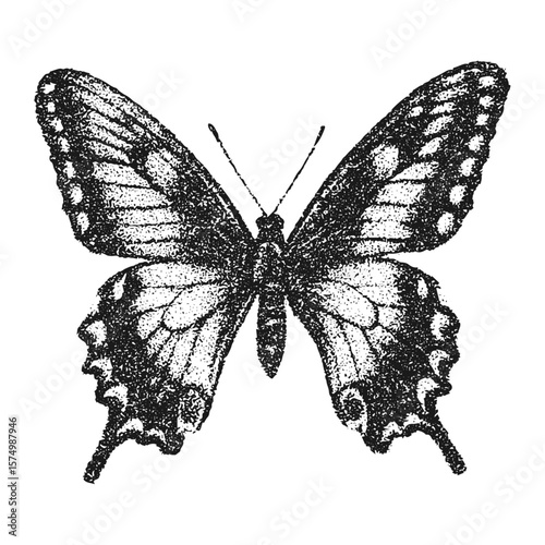 Butterfly with halftone stipple effect, for grunge punk y2k collage design. Vector illustration in grainy photocopy texture for experimental dotted retro banner design.