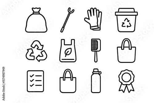 Recycling icons collection with bag, bin, and tools in black outline